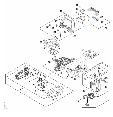 Carter de poignée, Carter moteur, Module électronique