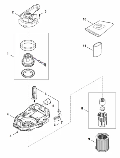B - Carter moteur, Moteur électrique, Filtre