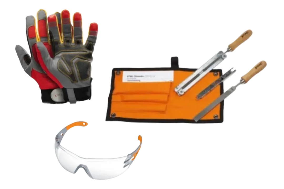 Gants, lunettes et kit d'affutage tronçonneuse
