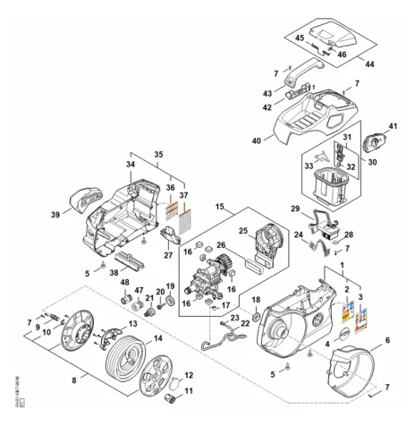 A - Recouvrement, Enrouleur de flexible, Interrupteur, Déflecteur d'air,Compartiment batterie