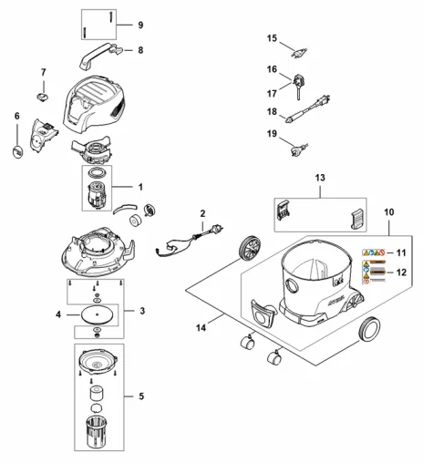 Capot, Câble d'alimentation, Moteur électrique, Filtre, Réservoir