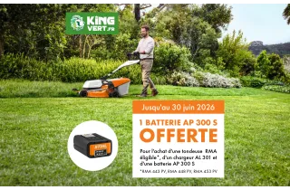1 batterie AP 300 S offerte pour l'achat d'une tondeuse STIHL RMA, d'un chargeur et d'une batterie
