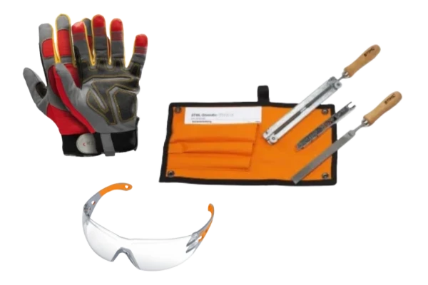 Gants, lunettes et kit d'affutage tronçonneuse