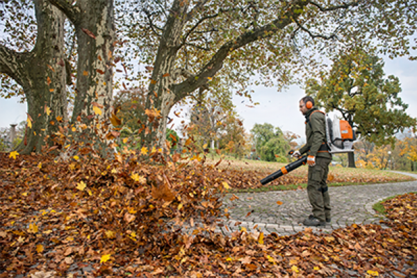 Professionnel soufflant les feuilles avec un souffleur à dos STIHL